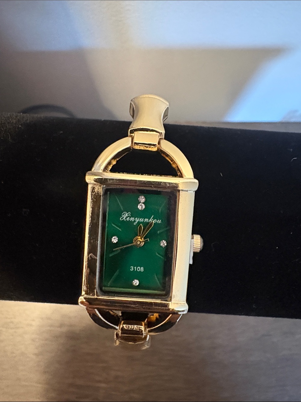 Gold-Tone Green Face Rhinestone Fashion Watch – Rectangular Dial